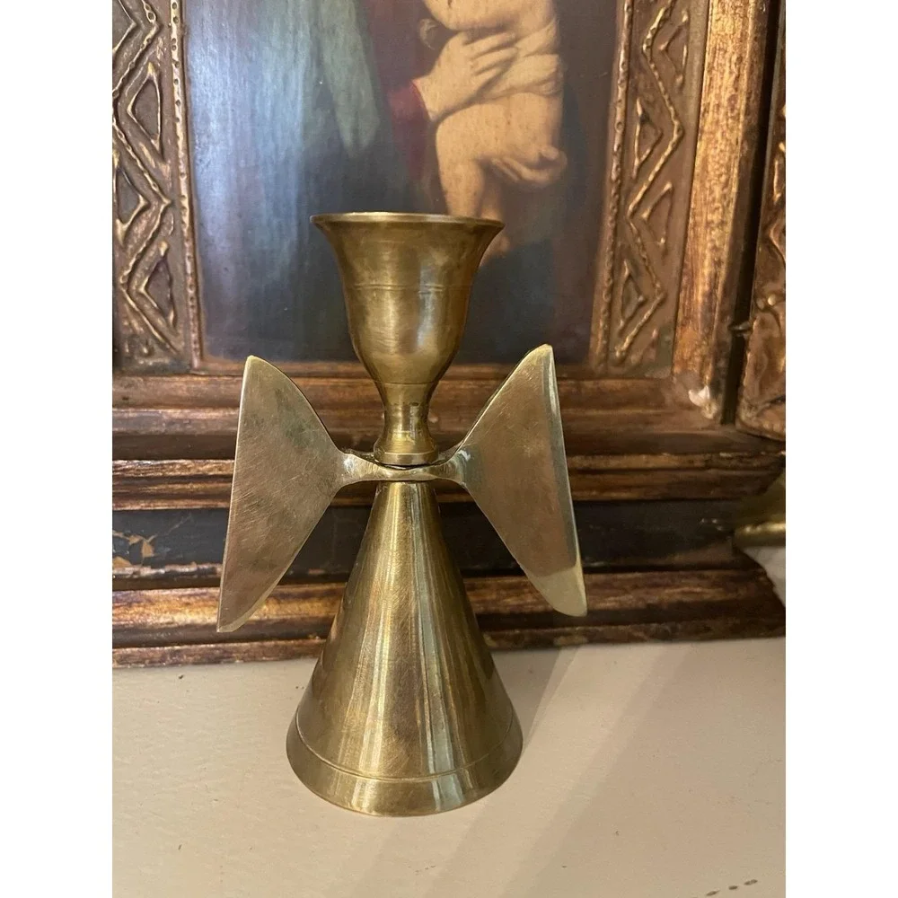 Vtg Solid Brass Angel Wing Candle Holder 4